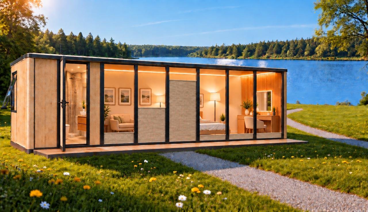 Garden Seven garden room with blinds drawn, beside a lake